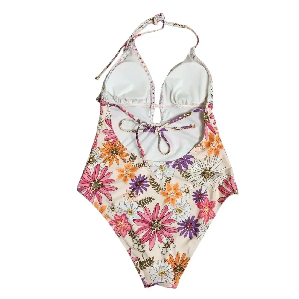 Cupshe Dahlia Daisy Halter One Piece Swimsuit Plunging Neckline M Retro Floral